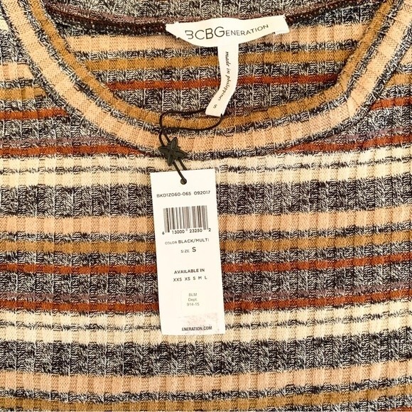 NWT BCBG Boho Y2K Open Shoulder Neutral Stiped Bell Sleeve Top S - Picture 6 of 9